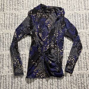 Groovy purple dot mesh long sleeve tight fit ruched top wrap style size S/M